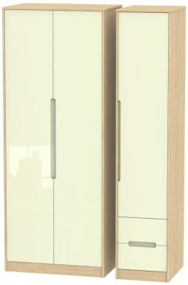 Product photograph of Monaco 3 Door 2 Right Drawer Tall Wardrobe - High Gloss Cream And Light Oak from Choice Furniture Superstore