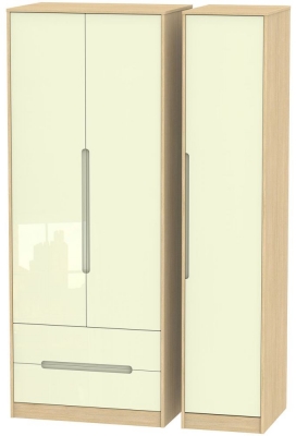 Product photograph of Monaco Cream Gloss And Light Oak 3 Door Tall Triple Wardrobe - Lhf 2 Drawers from Choice Furniture Superstore