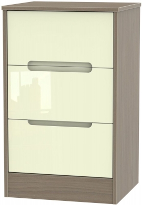Product photograph of Monaco Cream Gloss And Toronto Walnut 3 Drawer Beside Cabinet from Choice Furniture Superstore