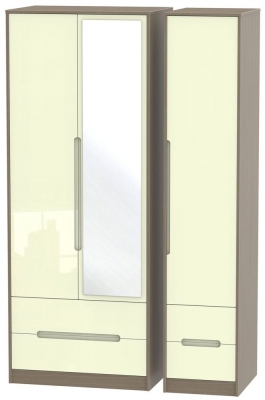 Product photograph of Monaco Cream Gloss And Toronto Walnut 3 Door Tall Combi Wardrobe - 1 Mirror from Choice Furniture Superstore