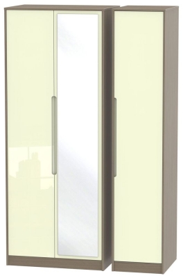 Product photograph of Monaco Cream Gloss And Toronto Walnut 3 Door Tall Triple Wardrobe - 1 Mirror from Choice Furniture Superstore