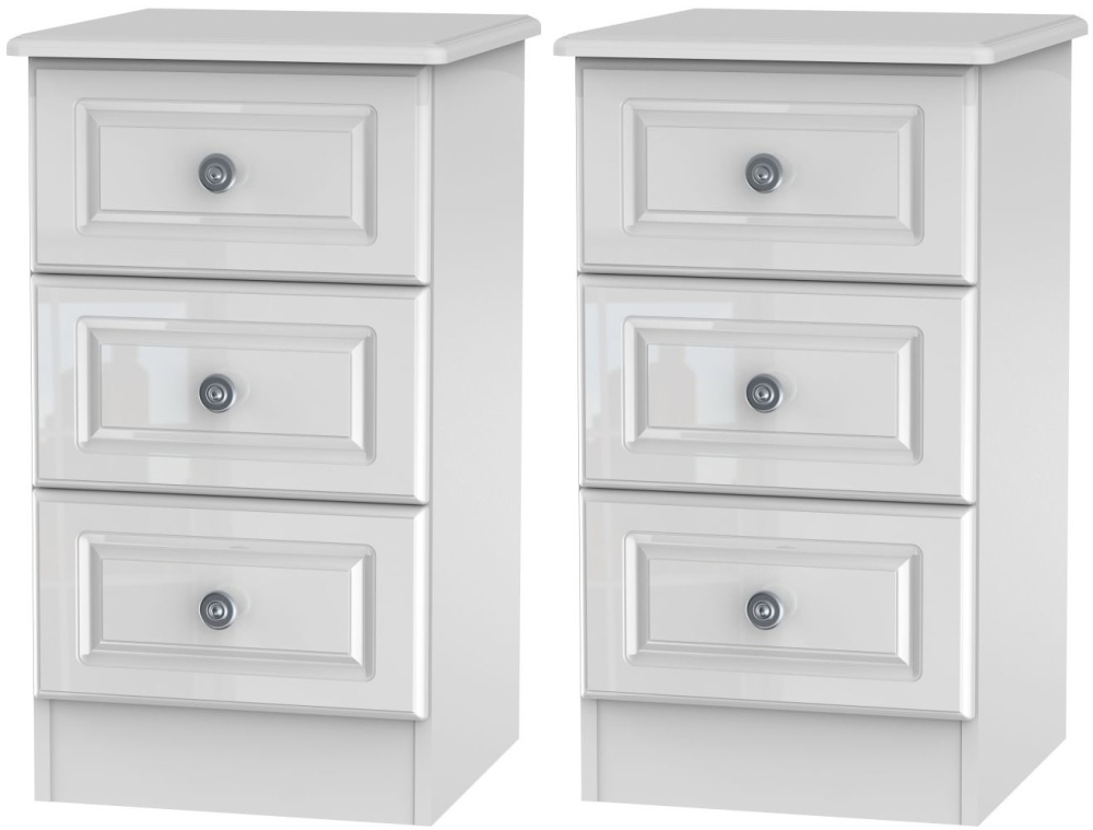 2 X Pembroke White Gloss 3 Drawer Beside Cabinet (Pair)