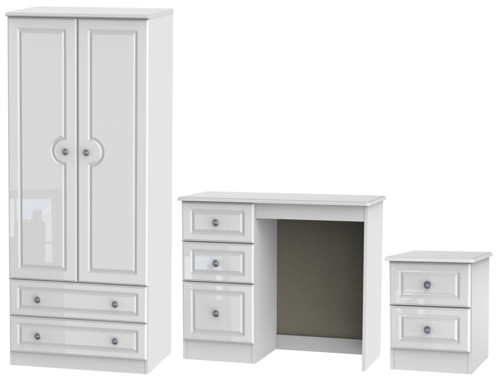 Pembroke White Gloss 3 Piece Bedroom Set with 2 Drawer Wardrobe
