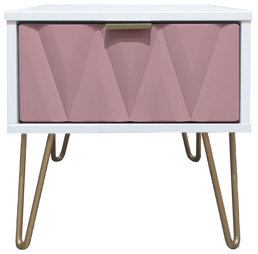 Diamond Pink and White 1 Drawer Bedside Cabinet with Gold Hairpin Legs