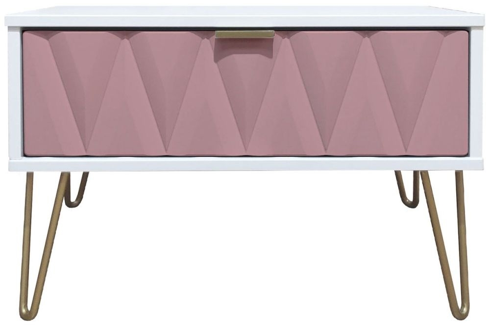 Diamond Pink and White 1 Drawer Midi Bedside Cabinet with Gold Hairpin Legs
