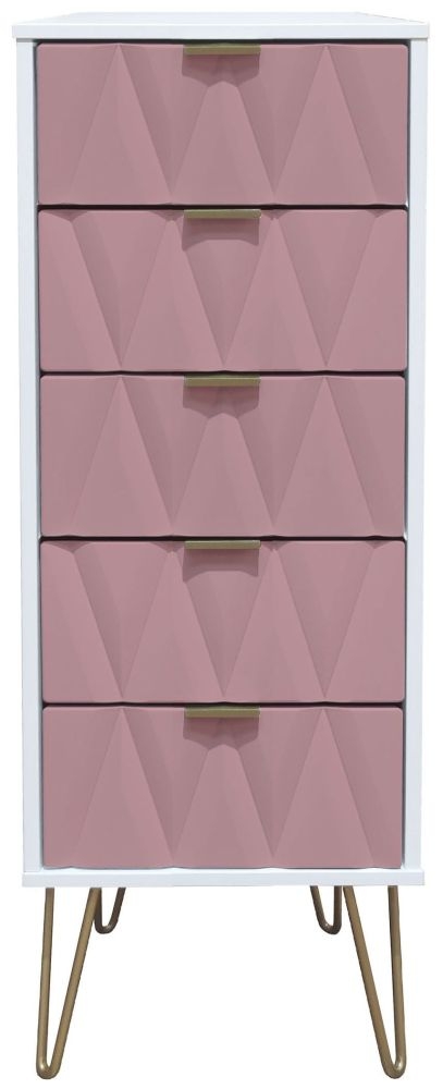 Diamond Pink and White 5 Drawer Narrow Chest with Gold Hairpin Legs