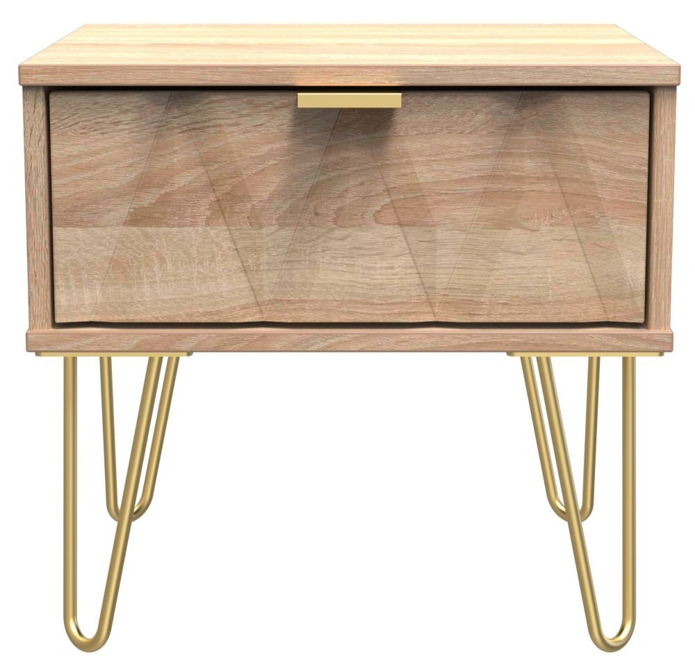 Diamond Oak Effect 1 Drawer Bedside Cabinet with Gold Hairpin Legs