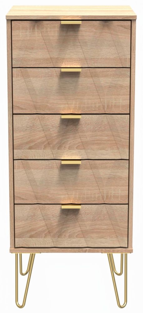 Diamond Oak Effect 5 Drawer Narrow Chest with Gold Hairpin Legs