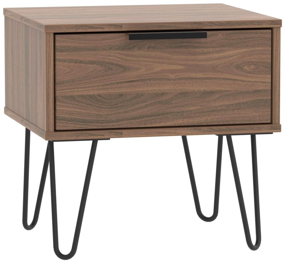 Hong Kong Walnut Effect 1 Drawer Bedside Cabinet with Hairpin Legs