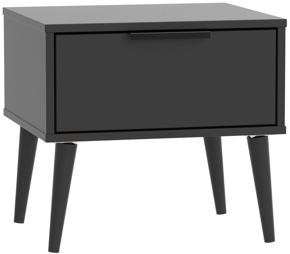 Hong Kong Black 1 Drawer Bedside Cabinet with Wooden Legs