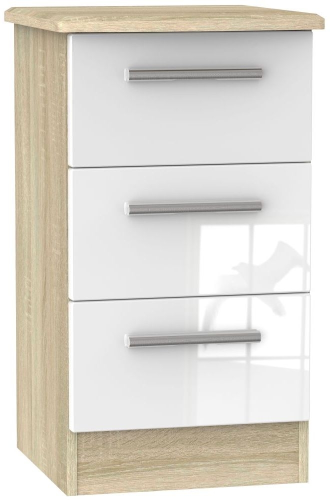 Knightsbridge White Gloss and Oak Effect 3 Drawer Beside Cabinet