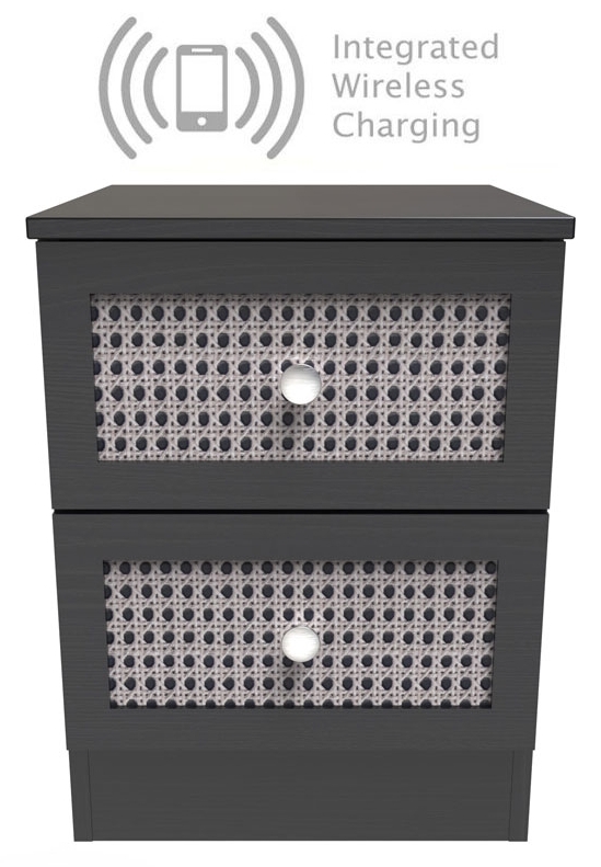 Rattan Black Ash 2 Drawer Bedside Cabinet with Integrated Wireless Charging