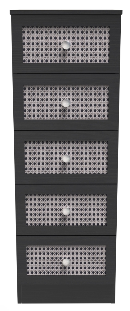Rattan and Black 5 Drawer Narrow Chest