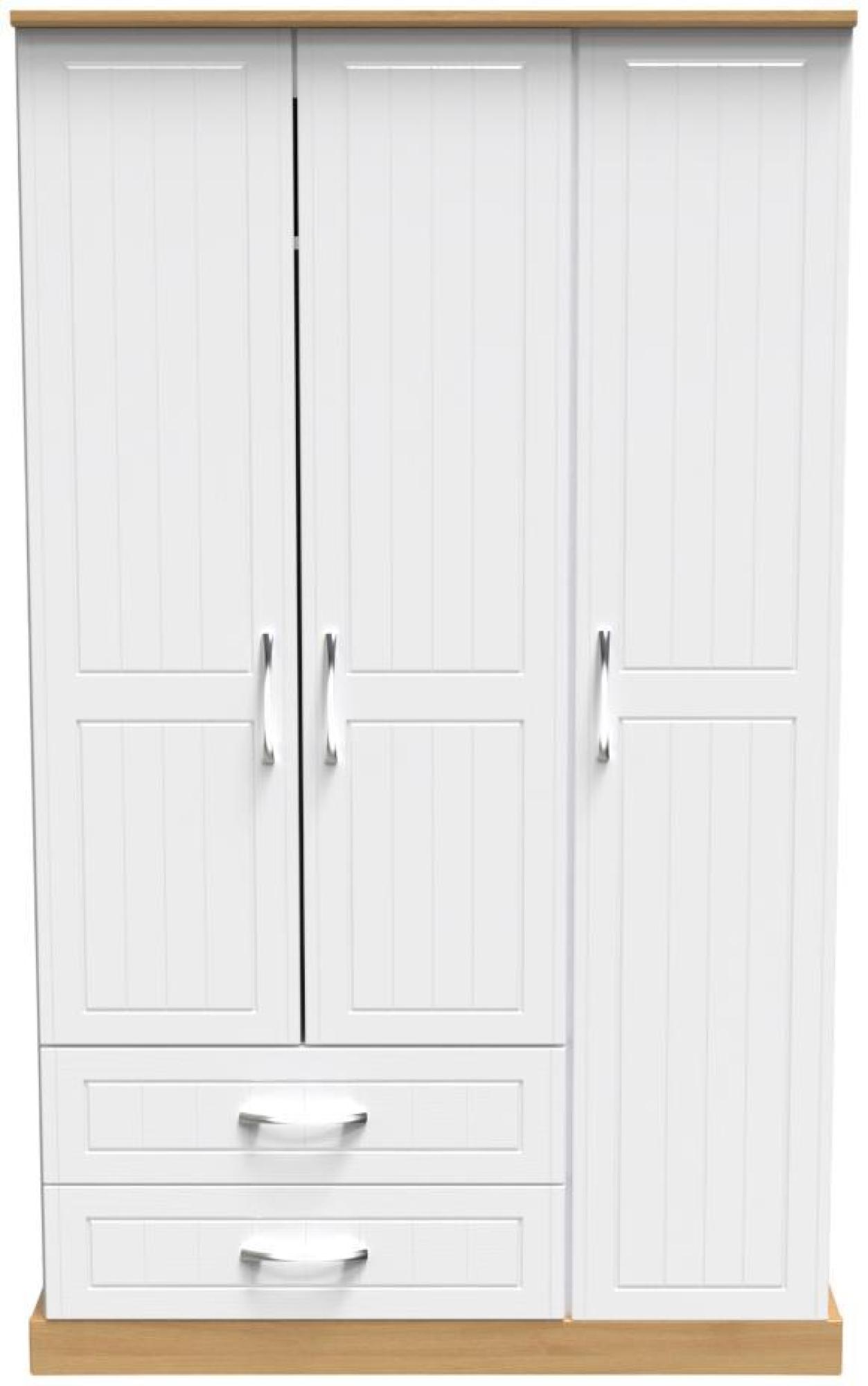 Whitney Oak Effect and White 3 Door Triple Wardrobe - LHF 2 Drawers