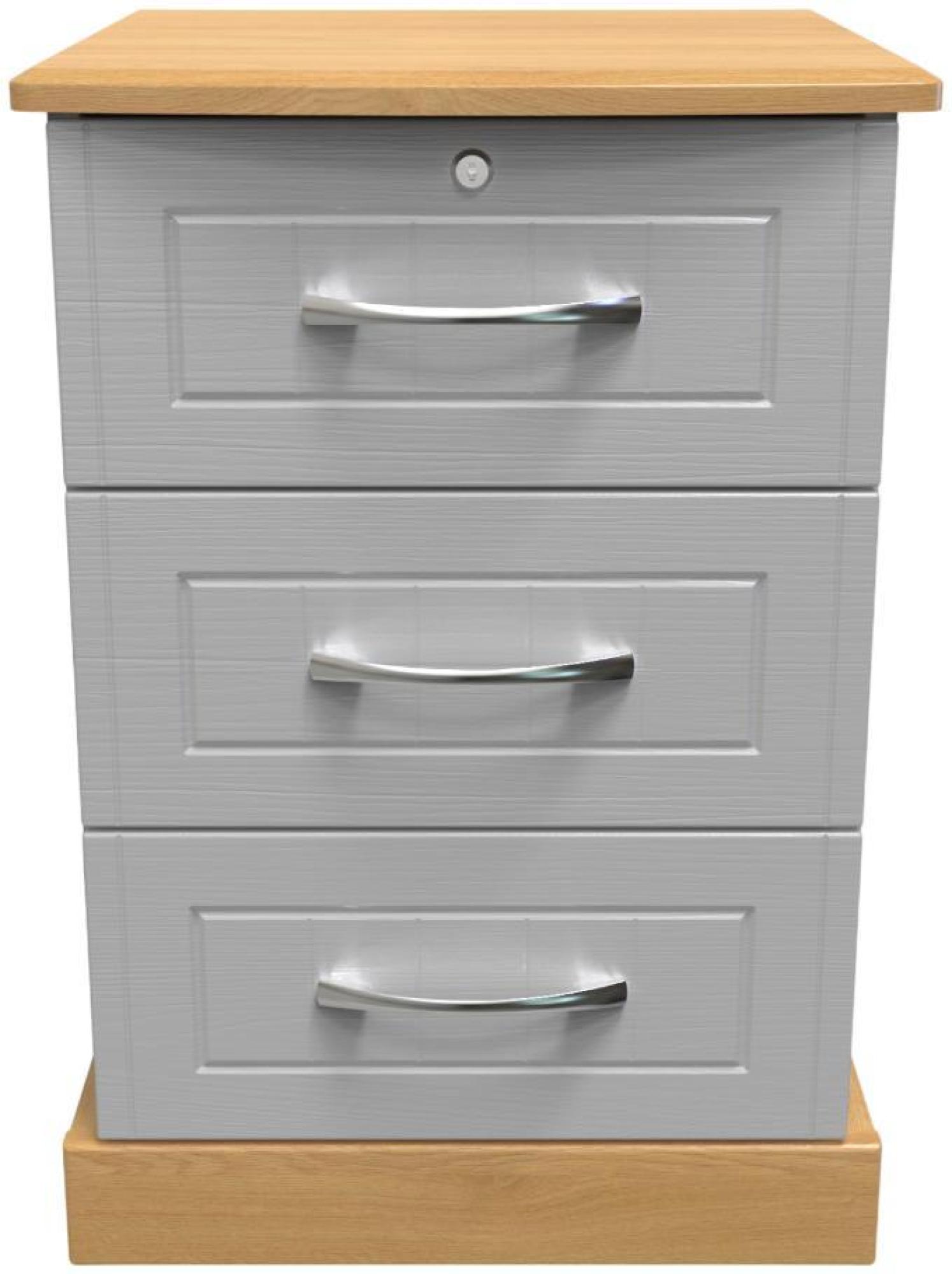 Whitney Oak Effect and Grey 3 Drawer Bedside Cabinet with Lock