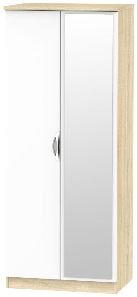 Camden White Gloss and Oak Effect 2 Door Wardrobe - 1 Mirror