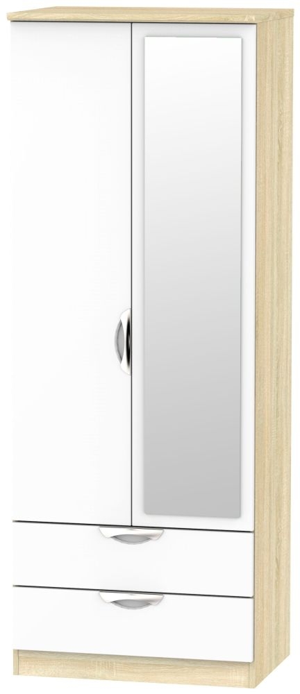 Camden White Gloss and Oak Effect 2 Door Tall Combi Wardrobe - 1 Mirror