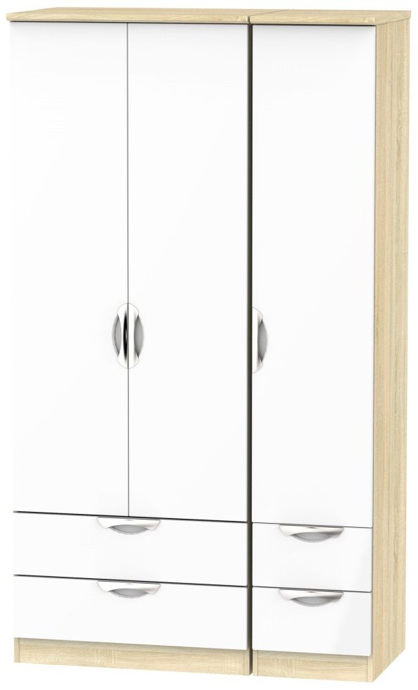 Camden White Gloss and Oak Effect 3 Door Tall Triple Wardrobe - 4 Drawers