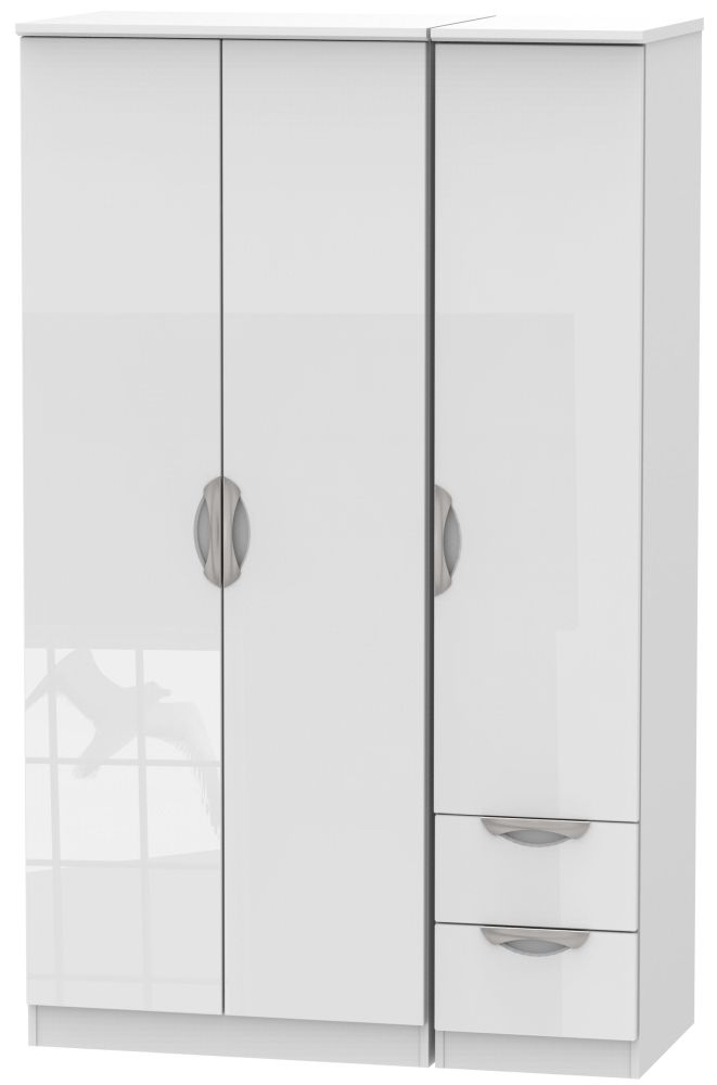 Camden White Gloss 3 Door Triple Wardrobe - RHF 2 Drawers