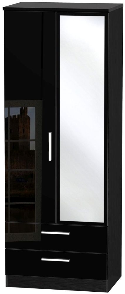 Knightsbridge Black Gloss 2 Door Tall Combi Wardrobe - 1 Mirror