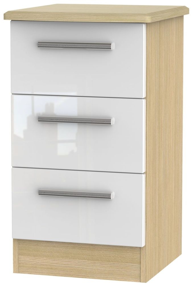 Knightsbridge White Gloss and Light Oak 3 Drawer Beside Cabinet