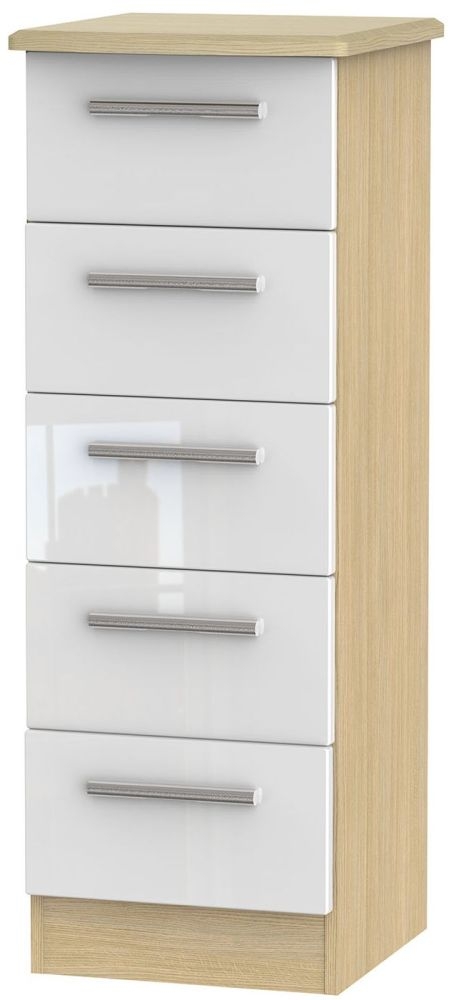Knightsbridge White Gloss and Light Oak 5 Drawer Narrow Chest