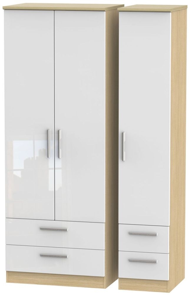 Knightsbridge White Gloss and Light Oak 3 Door Tall Triple Wardrobe - 4 Drawers