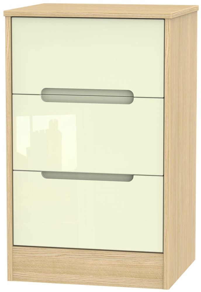 Monaco Cream Gloss and Light Oak 3 Drawer Beside Cabinet