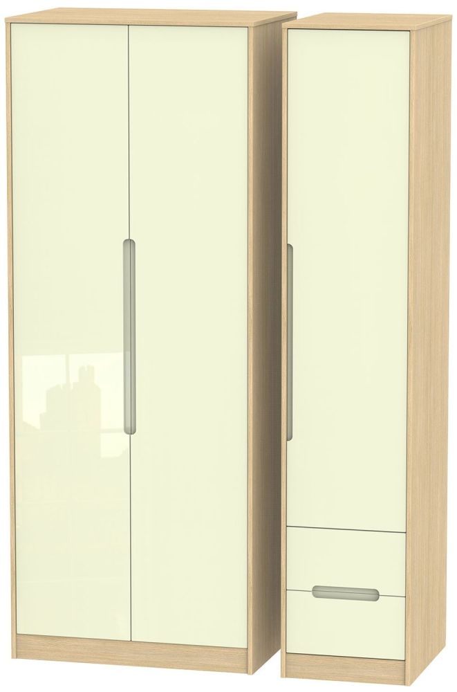 Monaco Cream Gloss and Light Oak 3 Door Tall Triple Wardrobe - RHF 2 Drawers