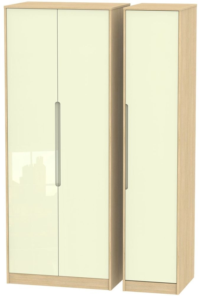 Monaco Cream Gloss and Light Oak 3 Door Tall Triple Wardrobe