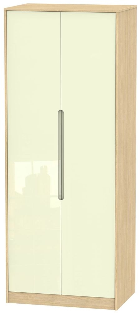 Monaco Cream Gloss and Light Oak 2 Door Plain Tall Wardrobe