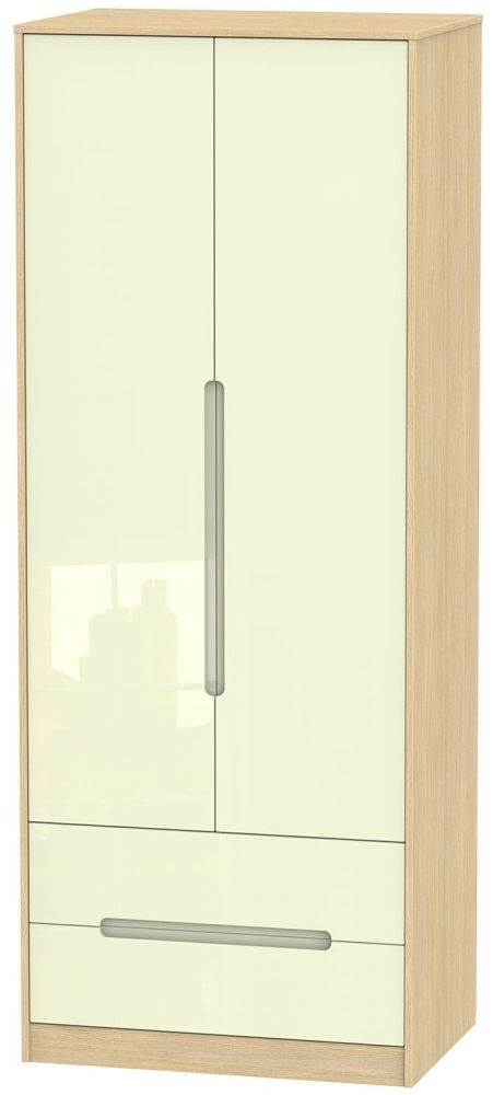 Monaco Cream Gloss and Light Oak 2 Door 2 Drawer Tall Wardrobe