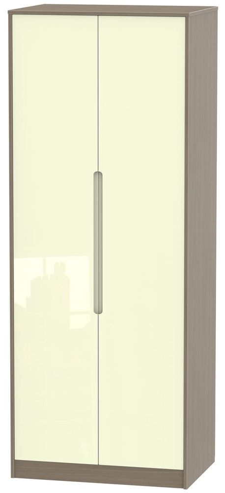 Monaco Cream Gloss and Toronto Walnut 2 Door Plain Tall Wardrobe