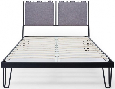 Product photograph of Finn Black Metal Bed Frame With Pewter Woven Fabric Headboard - Sizes Available from Choice Furniture Superstore