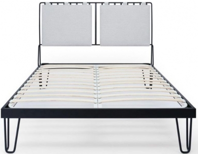 Product photograph of Finn Black Metal Bed Frame With Silver Woven Fabric Headboard - Sizes Available from Choice Furniture Superstore