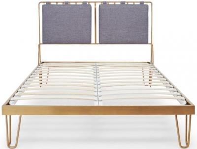 Product photograph of Gillmore Space Finn Brass Brushed Bedstead Frame With Pewter Woven Fabric Headboard from Choice Furniture Superstore