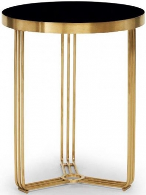 Product photograph of Gillmore Space Finn Black Glass And Brass Brushed Round Side Table from Choice Furniture Superstore