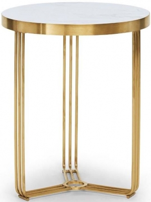 Product photograph of Gillmore Space Finn White Marble And Brass Brushed Round Side Table from Choice Furniture Superstore