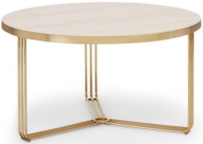 Product photograph of Finn Pale Oak And Brass Metal Round Coffee Table from Choice Furniture Superstore