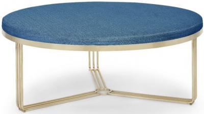 Product photograph of Gillmore Space Finn Admiral Blue Woven Fabric And Brass Brushed Large Round Coffee Table from Choice Furniture Superstore