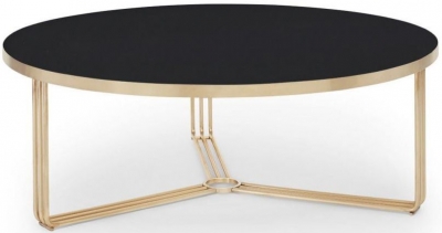 Product photograph of Finn Black Glass And Brass Metal Large Round Coffee Table from Choice Furniture Superstore