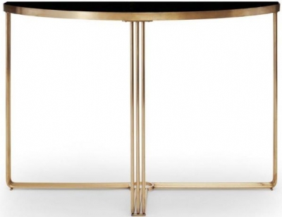 Product photograph of Gillmore Space Finn Black Glass And Brass Brushed Half Moon Console Table from Choice Furniture Superstore