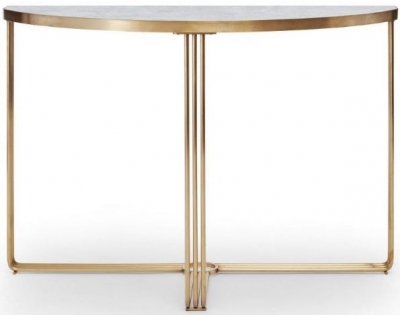 Product photograph of Gillmore Space Finn Pale Stone Laminate And Brass Brushed Half Moon Console Table from Choice Furniture Superstore