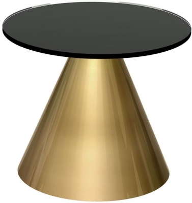 Product photograph of Gillmore Space Oscar Black Glass Small Round Side Table With Brass Conical Base from Choice Furniture Superstore