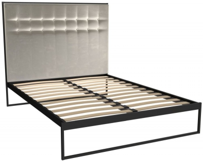 Product photograph of Federico Black Metal Bed Frame With Mushroom Velvet Headboard - Sizes Available from Choice Furniture Superstore
