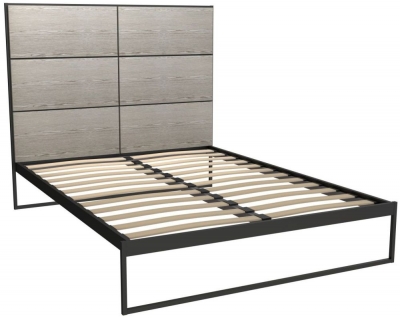 Gillmore Space Federico Black Metal Bed Frame with Weathered Oak Headboard
