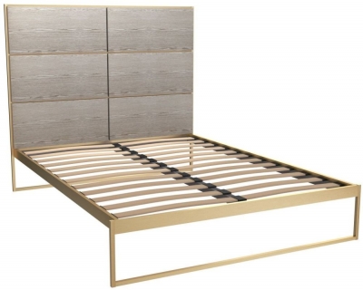 Product photograph of Federico Brass Metal Bed Frame With Weathered Oak Headboard - Sizes Available from Choice Furniture Superstore