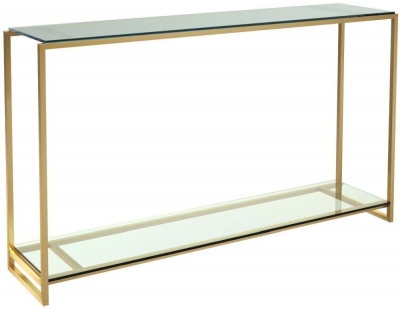 Product photograph of Gillmore Space Federico Clear Glass Narrow Console Table With Brass Brushed Frame from Choice Furniture Superstore