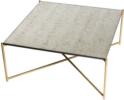 Gillmore Space Iris Antiqued Glass Top Square Coffee Table with Brass Frame