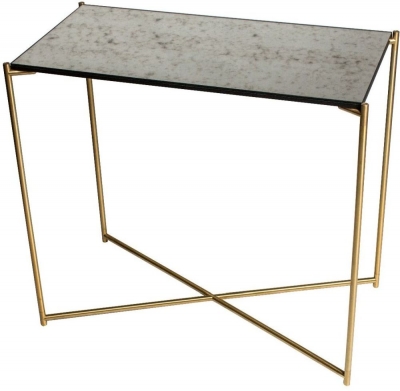 Product photograph of Gillmore Space Iris Antiqued Glass Top Small Console Table With Brass Frame from Choice Furniture Superstore